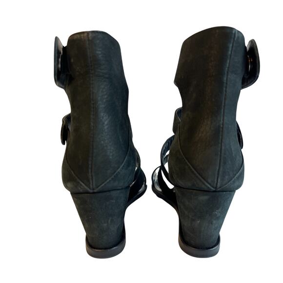 OPENING CEREMONY Black Leather Strappy Snap Button Wedge Sandal Size 7.5 /38 - Picture 5 of 8